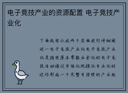 电子竞技产业的资源配置 电子竞技产业化